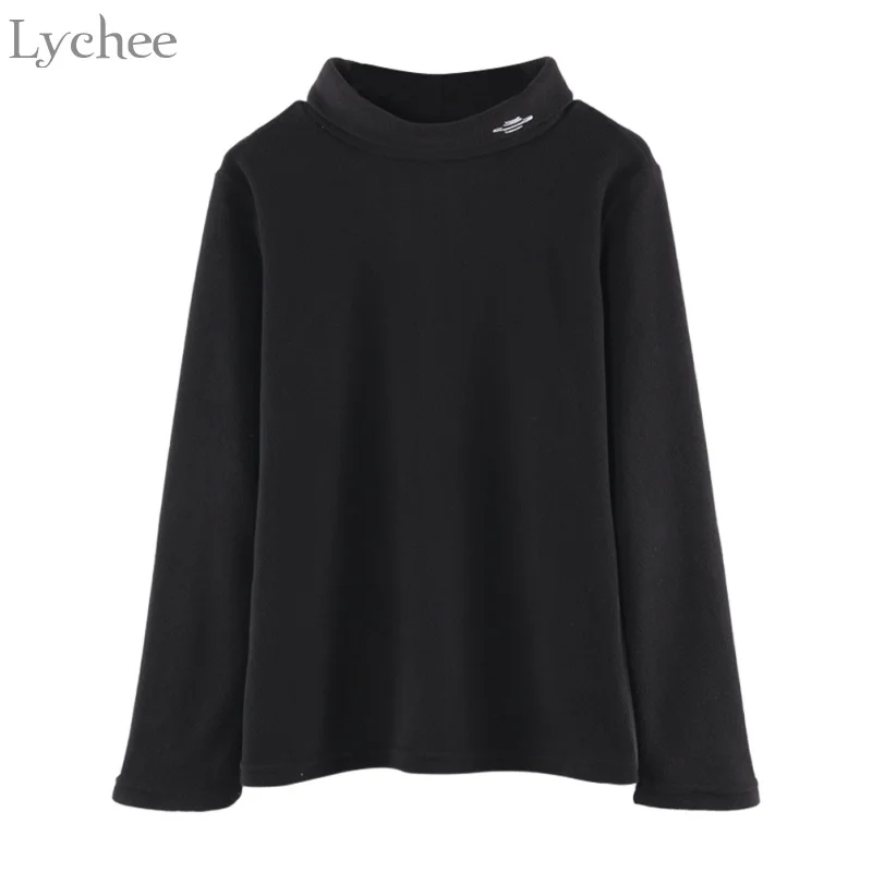 

Lychee Sweet Women T Shirt Saturn Embroidery Turtleneck Casual Long Sleeve T-shirt Spring Autumn Tee Top
