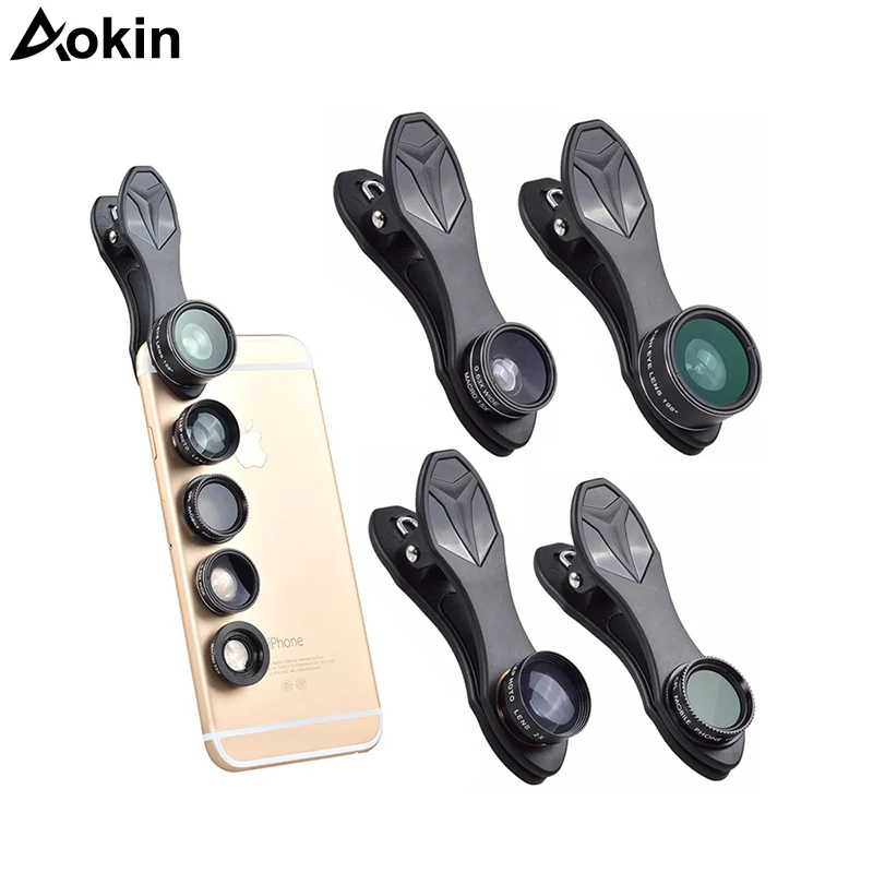 

Aokin 5 in 1 lentes For Phones Portable Lente celular Mobile Phone Lens with 2X CPL Fish Eye Wide Angle Macro Kits Clip Lens