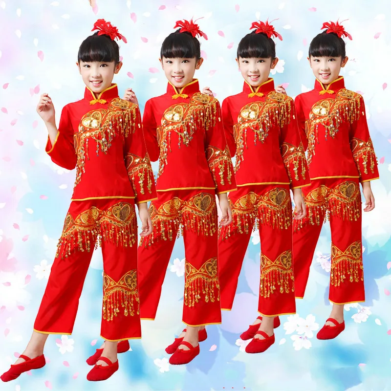 Китайское классическое платье для танцев для девочек, национальные костюмы для танцев Yangko, китайский традиционный костюм, детская одежда для выступлений