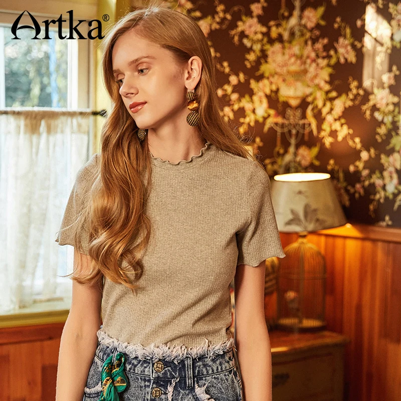 

ARTKA Summer 2018 New Women Cotton Solid Gray Wave Edge Simple Butterfly Sleeve O-neck All-match Thin Base T-shirt TA10681C