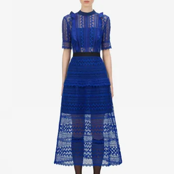 

New Lace Self Portrait Dress Maxi Long Blue Women's Vintage High Waist Dresses Feminine Designer Sexy Hollow Out Party Vestidos