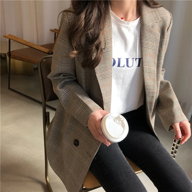Office Ladies Notched Collar Plaid Women Blazer Double Breasted Autumn Jacket 2020 Casual Pockets Female Suits Coat -