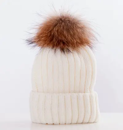 Женская шапка осень-зима, шапки из натурального меха енота, вязаная шерстяная шапка с меховым помпоном, шапка для девочек - Цвет: As picture