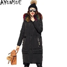 Черный Для женщин зимнее пуховое пальто Тонкий теплый длинная куртка Настоящее красочные большой меховой воротник Белые куртки-пуховики Женский пиджаки st539