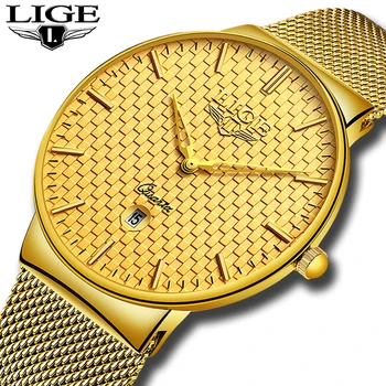 

Relogio Masculino LIGE Fashion Mens Watches Top Brand Luxury Ultra Thin Quartz Watch Men Steel Mesh Strap Waterproof Gold Watch