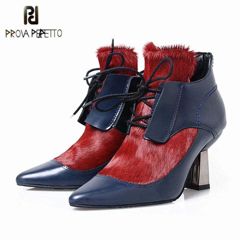 

Prova Perfetto 2018 New Design Pointed Toe Horse Fur Decoration Ankle Boots Lace Up Patent Leather Patchwork Woman Boots
