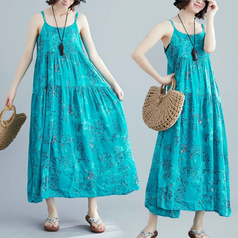 

#0210 Summer Floral Printed Sleevelss Spaghetti Strap Sundresses Oversize Loose Bohemian A Line Pleated Dress For Women Oversize