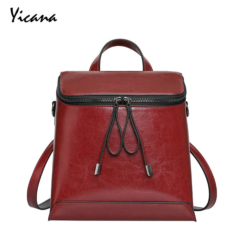 

Yicana 2018 Spring/Summer New Style Cow Leather Woman Backpack Both Shoulders Package Oil Wax Cowhide Travel Back Bag