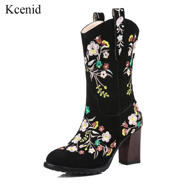 

Kcenid Big size 34-43 ethnic style fashion embroider boots women cow suede leather high heels mid-calf boots autumn winter shoes