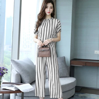 

Fashion Stripe Two Pieces Sets Summer Women Female Round Neck Tops and Ankle Length Pants Sets Woman Casual Suits