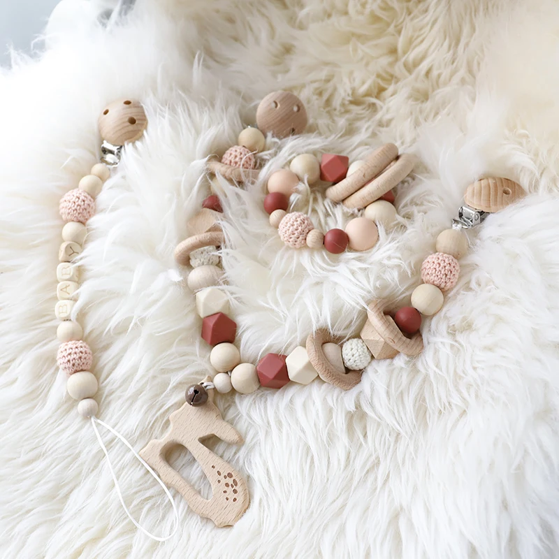 

3PC Baby Goods Wooden Teether Animals Rattle Chewable Silicone Beads Infant Play Gym Stroller Baby Toys Bracelet Nursing Clips