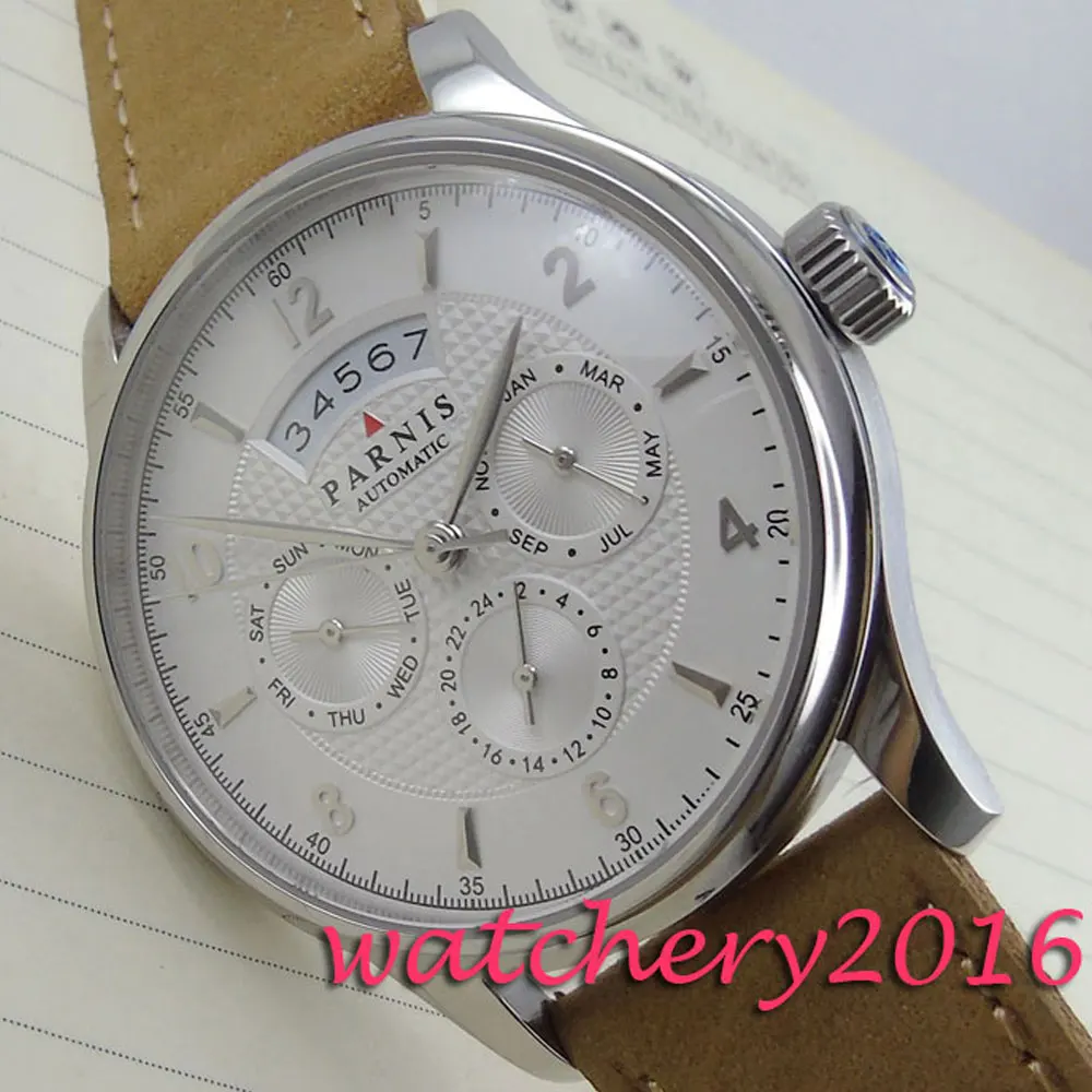 

Parnis 42mm white dial camel Leather Strap Automatic day date miyota 9120 Movement Men's Watch