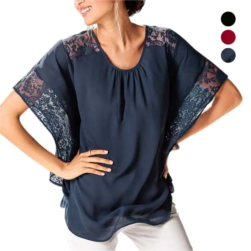 

Summer Women Chiffon Patchwork Lace Blouse Solid Shirts Batwing Short Sleeve Casual Loose Tops New