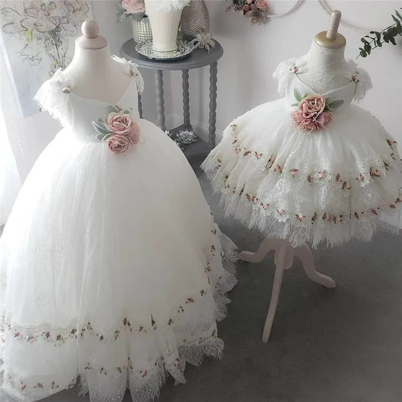 

High Quality White Lace Flower Girl Dresses First Communion Dress for Little Girls Lace V Neck Puffy Tulle Kids Birthday Gown