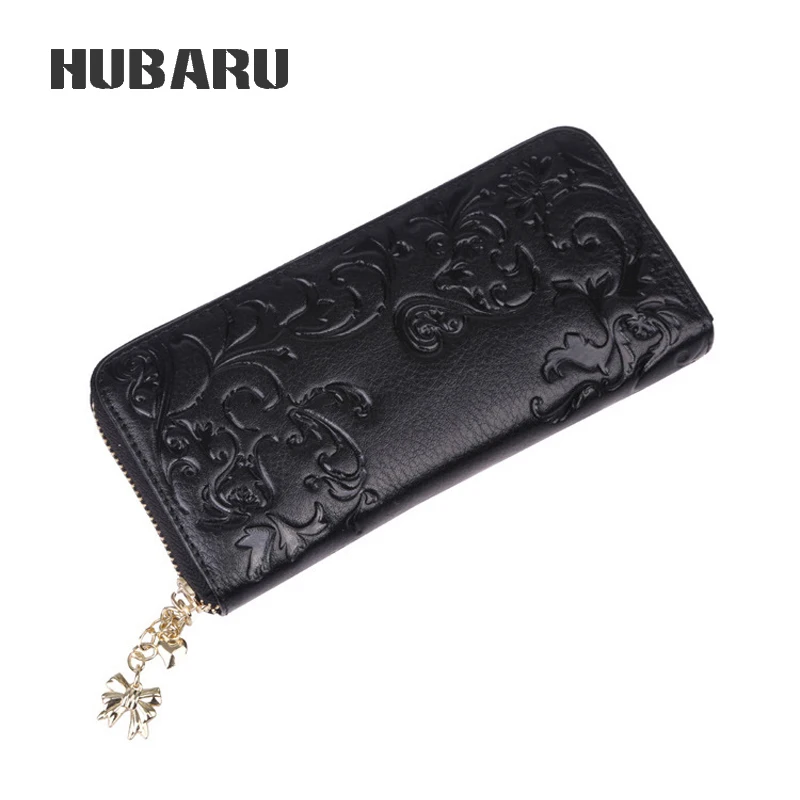 

HUBARU Fashion Women Wallet Oil Waxing Leather Long Clutch Wallet Morning Glory Embossing Purse Phone Pocket Female Zipper Purse