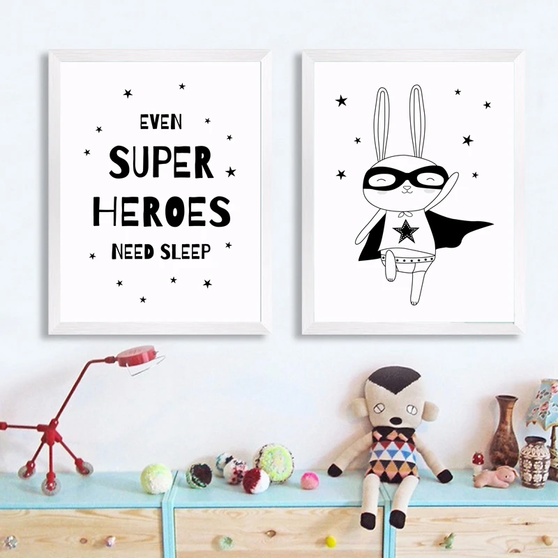 

Kids Boy Bedroom Wall Art Superheroes Canvas Print and Poster , Cute Baby Rabbit Superhero Canvas Painting Nursery Wall Pictures