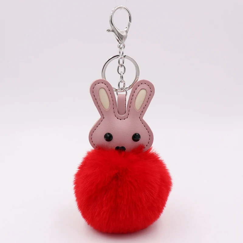 Милый кролик пушистые подвески для ключей помпон Кролик Мех шарик брелок сумка Шарм брелок подарки для женщин аксессуары брелок для ключей - Color: Red