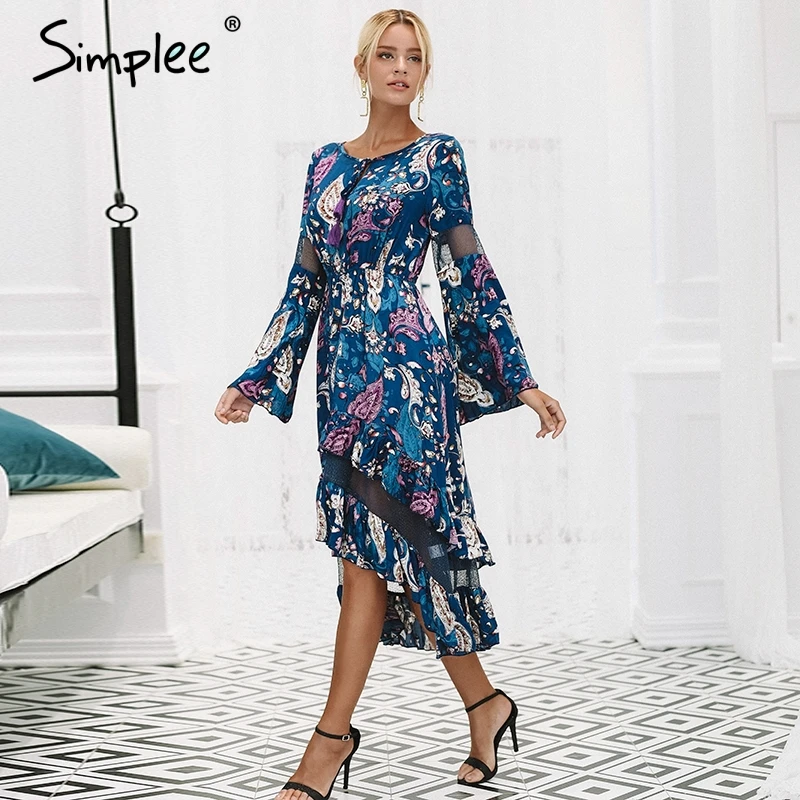 Simplee Ruffles print long dress women Mesh hollow out flare sleeve high waist dresses 2018 Autumn casual elegant dress Simplee Ruffles print long dress women Mesh hollow out flare sleeve high waist dresses 2018 Autumn casual elegant dress