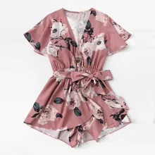 Monos Verano Mujer женский комбинезон с v-образным вырезом и поясом с цветочным принтом, комбинезон с коротким рукавом, женские летние шорты