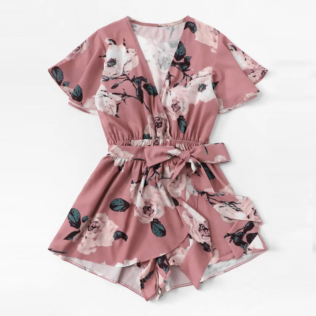 

Monos Verano 2019 Mujer Playsuit Women V-Neck Bow Sashes Floral Printing Short Sleeve Romper Ladies Summer Shorts Playsuit