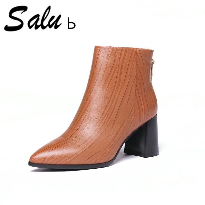 

Salu Brand Autumn Ankle Boots Women Genuine Leather Chelsea Booties Ladies Shoes Pointed Toe square Heels Plus Size