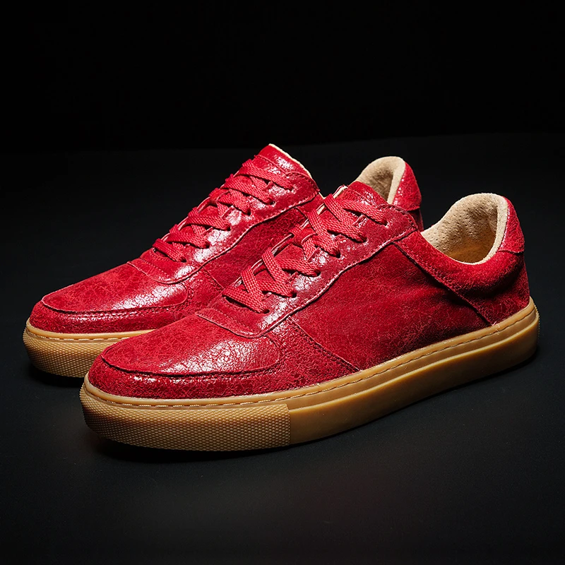 

Yomior New Spring Autumn Fashion Men Shoes High Quality Breathable Loafers Lace-Up Genuine Leather Casual Shoes Sneakers Red