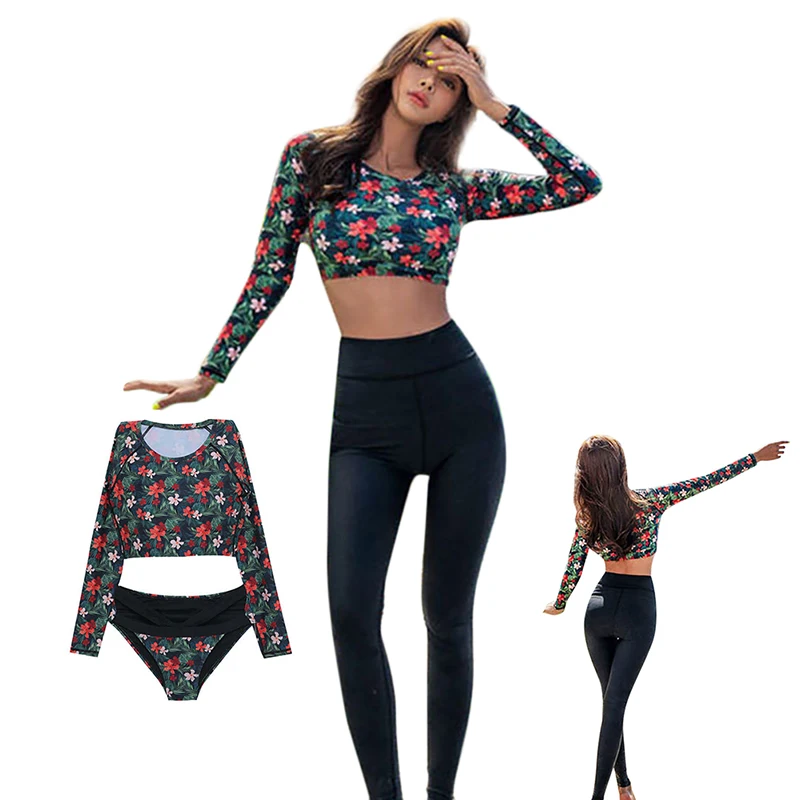 

Women Tankini Long Sleeve Floral Swimwear Bikini Top Bottom Lady Swimsuit Beach Swimming Suit Beachwear 2019