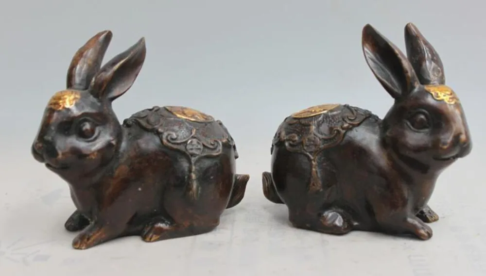 Chinese Feng Shui Copper Bronze Twelve Zodiac Rabbit Sculpture Pair