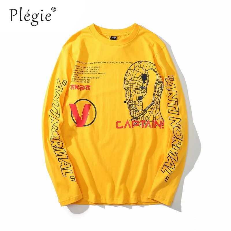 

Plegie T-shirt Men Captain Line Face Long Sleeved Round Neck Hip Hop Tshirts Printing Street Tee Shirts Yellow White Cotton