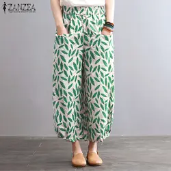 2019 Лето ZANZEA свободные длинные брюки Широкие брюки Pantalon Для женщин Повседневное Винтаж эластичный Цветочный Пояс Хлопок и лен с принтом