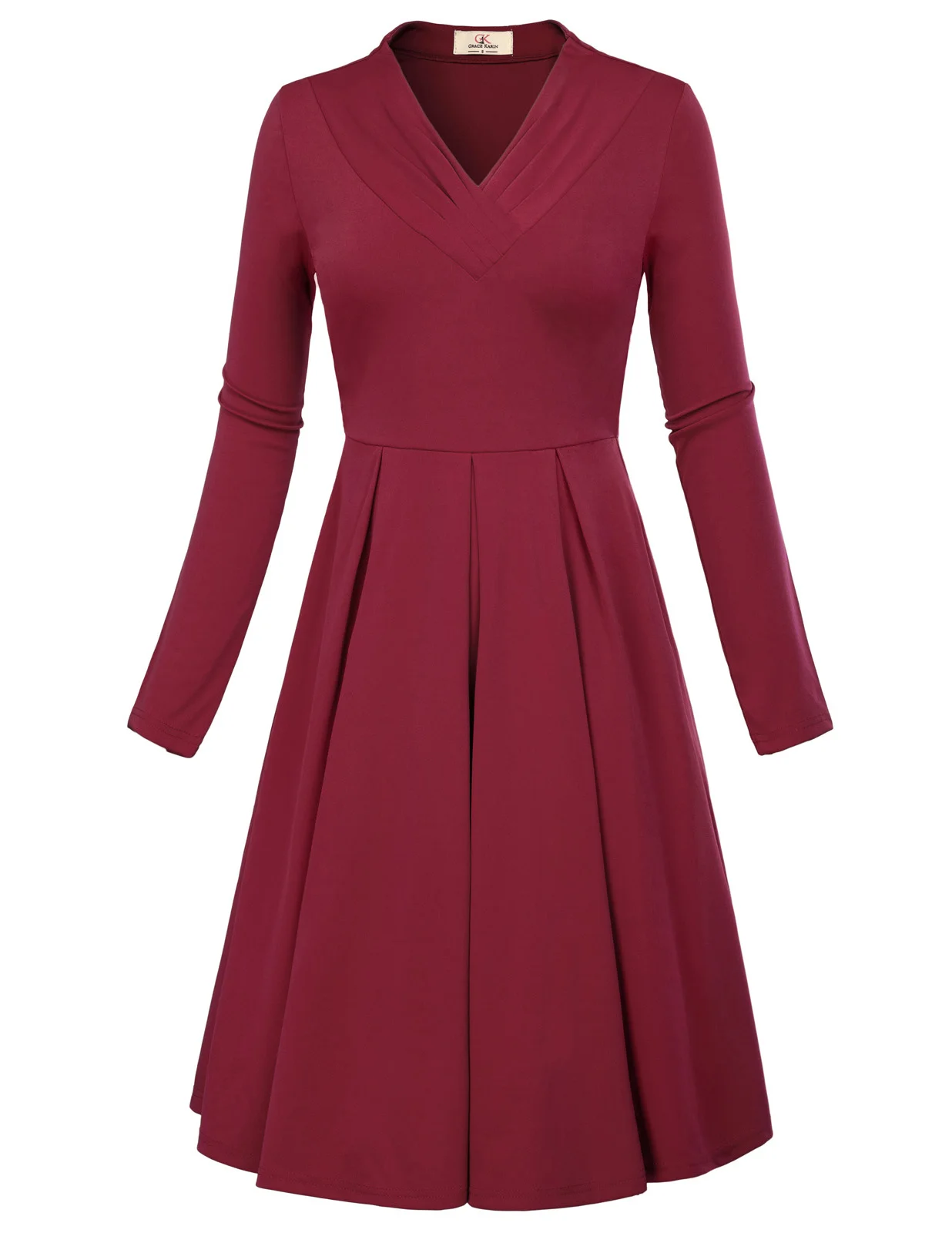 

Women Pleated Office Dress Evening Blue Housewife Wine Red A-line Dress Swing
