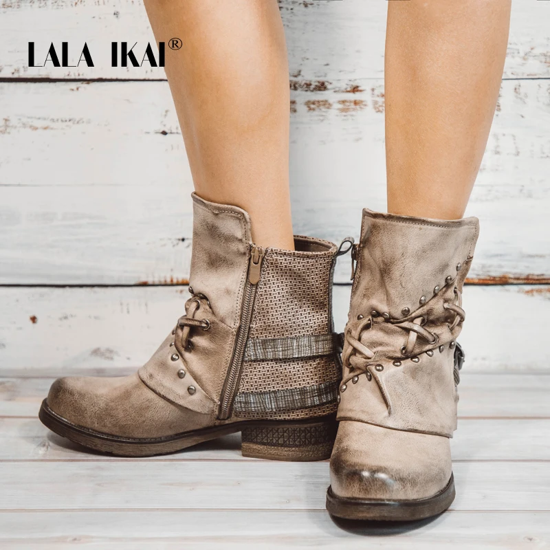 

LALA IKAI Women Zipper Western Boots Buckle Strap Cross Narrow Band Round Rivet Ankle Platform Animal Print Boots 900A2739 -4