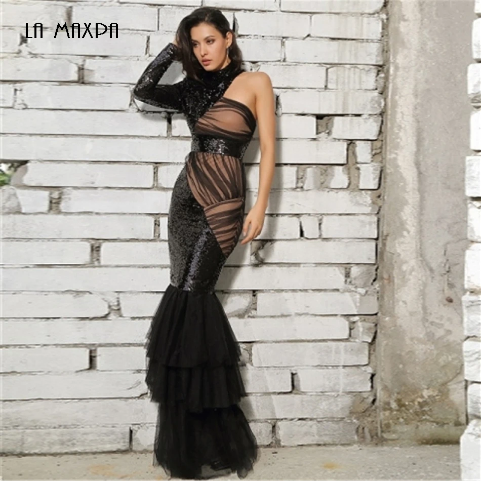 Новое модное черное Сетчатое шитье рыбий хвост форма блестки длинное платье элегантные Клубные Вечерние платья на Рождество