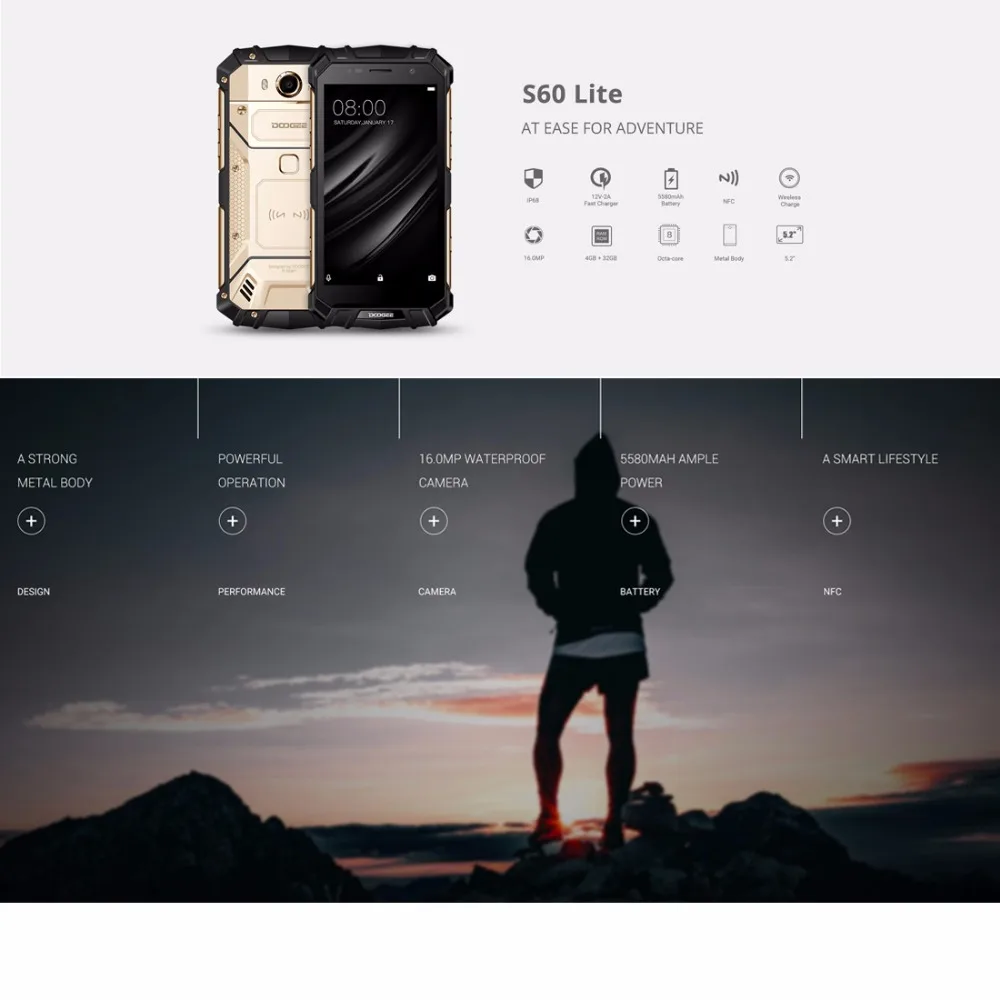 DOOGEE S60 LITE IP68 Водонепроницаемые мобильные телефоны 5,2 ''5580 mAh 4GB 32GB MT6750T NFC Android 7,0 с беспроводной зарядкой и двумя sim-картами