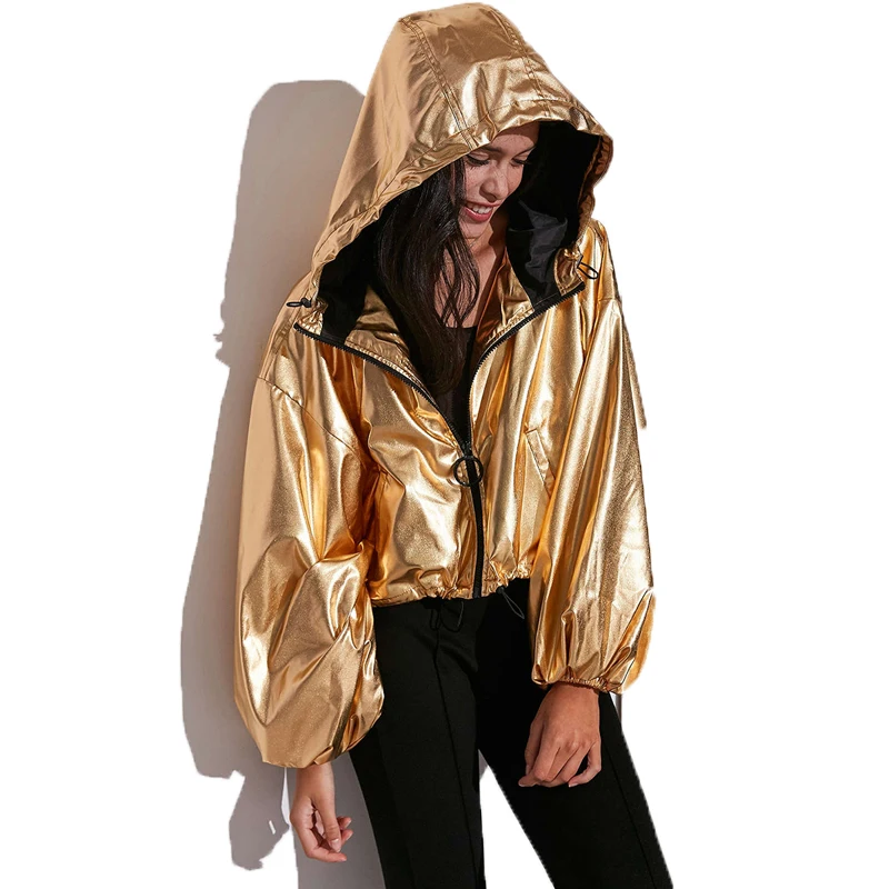 HDY Haoduoyi, новая модная повседневная женская верхняя одежда, Стильные топы, повседневные свободные рукава-фонарики, женское золотое короткое пальто с капюшоном, куртка - Цвет: Gold