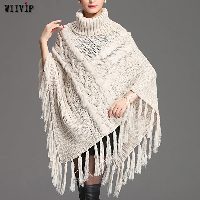 Price New 2018 Fashion Women Winter Solid Pattern Tassel Woolen Warm Cloak Ponchos Cape Coat Turtleneck Sweater 304