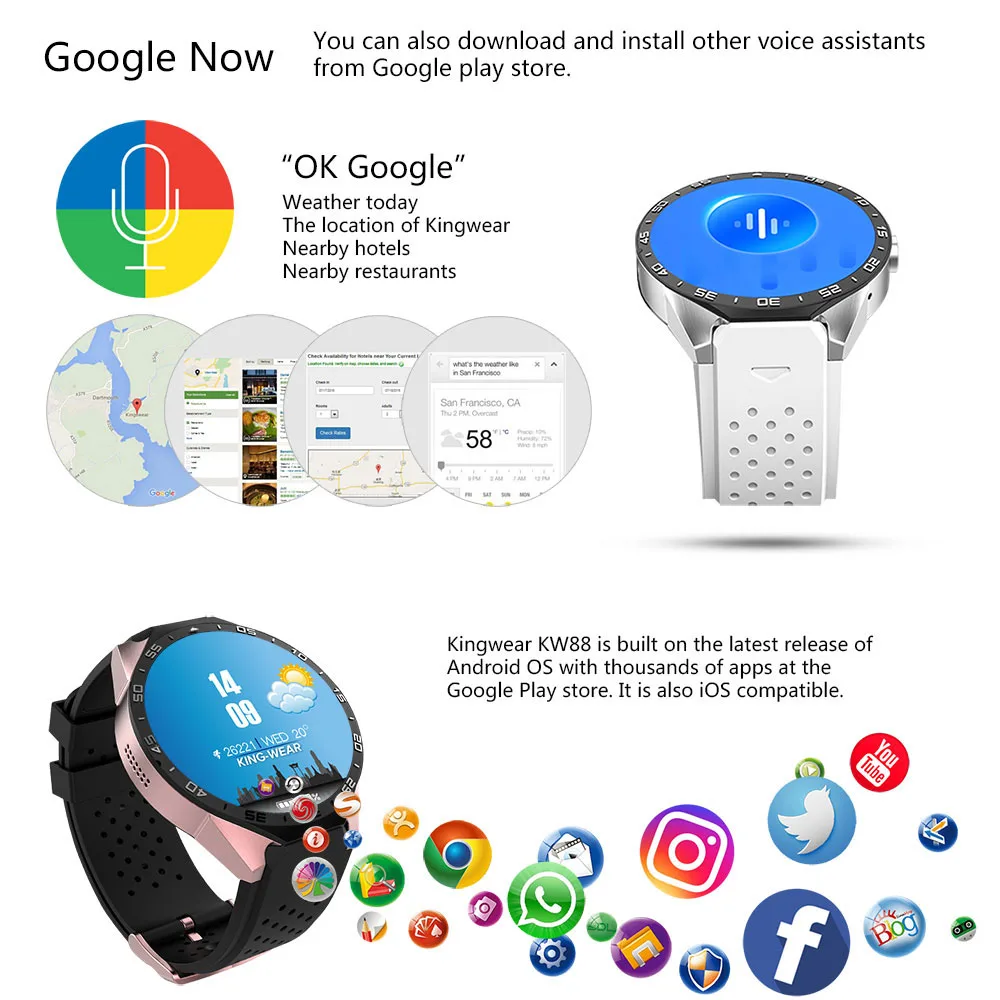  Time Owner KW88 Android 5.1 Smart Watch Phone MTK6580 Quad Core 1.3GHZ ROM 4GB RAM 512MB 1.39 inch 