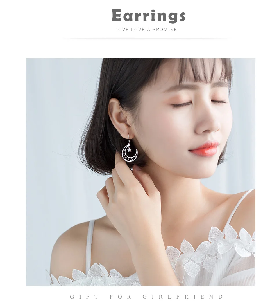S925 Silver Moon Earrings Female Korean Hollow Romantic Love Earrings Stars Ear Fine jewelry Anniversary Gift For Girlfriends (2)