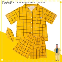 Caiyier Yellow Grid Print Cotton Pajama Set Short Sleeve Top With Eye Mask Sleepwear Cartoon Ladies Nightwear Causal Homewear plus rabbit print button up pajama set with eye mask