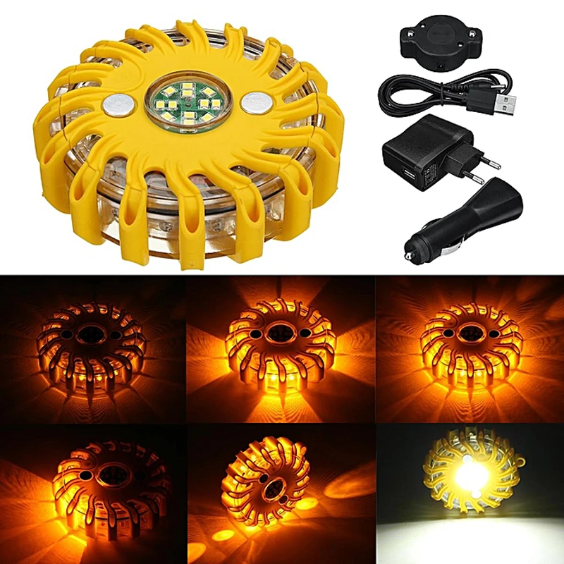 

16LED Warning Road Light Rechargeable Magnetic Emergency Hazard 9 in 1 Strobe Light Yellow