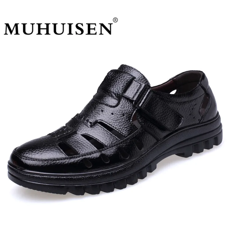 

MUHUISEN Summer Men's Casual Shoes Hollow Out Breathable Male Flats Genuine Leather Fashion High Quality Comfortable Sandals