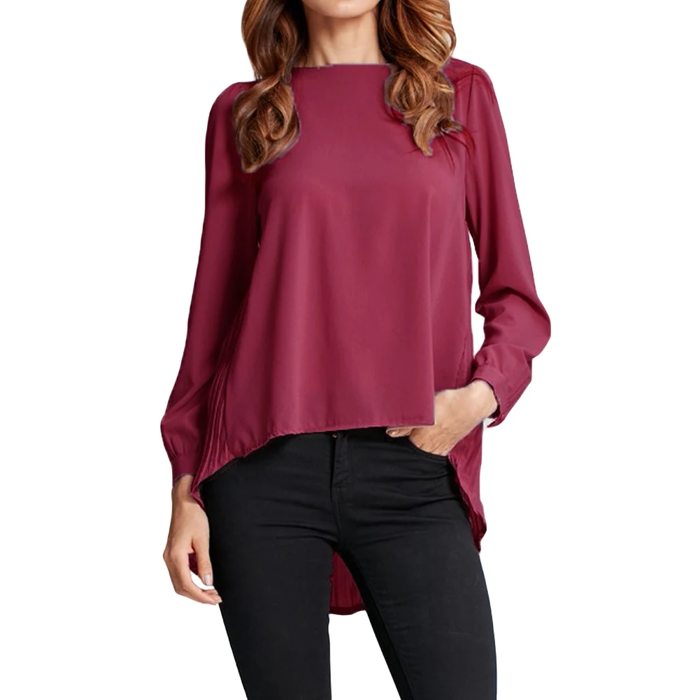 Anself женская шифоновая блузка со складками сзади с круглым вырезом и длинным рукавомЖенская блузка Асимметричная Свободная Повседневная рубашка 5XL плюс Размер Топ - Цвет: Красный