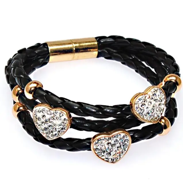 

Miasol Triplex row PU leather magnetic bracelets with pave crystal heart charm bracelets B1598