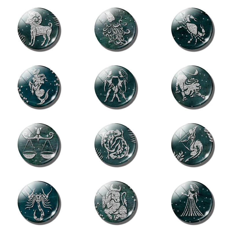 

Silver 12 Constellation Dark Green Magnetic Refrigerator Stickers Glass Dome Cabochon 30 MM Fridge Magnet Lovely Home Decoration
