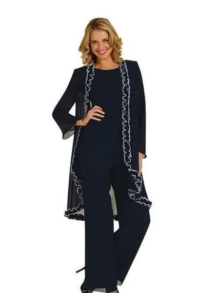 2018 Mother of the Bride Dresses Black Chiffon Three Pieces Pant Suits with Long Sleeve Jacket Wedding Guest Dress Custom Made
