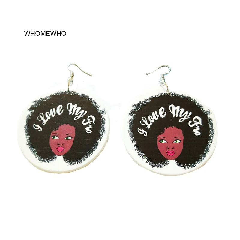 

Silver Metal Wood Round Africa Girl Black Hair Tribal Earrings Women Retro Wooden African Hiphop Jewelry Party Club Accessories