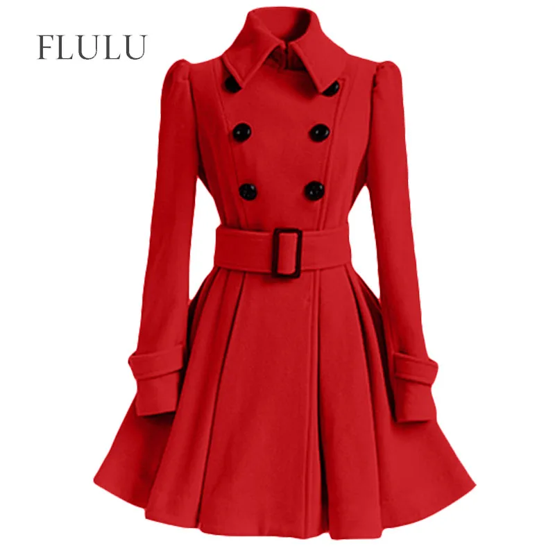 FLULU Autumn Winter Coat Women 2018 Fashion Slim Vintage Double Breasted Jacket Women Elegant Long Warm Red Blazer Female Mujer