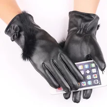 Fashion Elegant Winter Warm Female Short Leather Gloves Women Full Finger Bow Rabbit Fur Cuffs Touch Screen Gloves Mittens L40