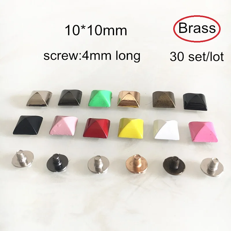 

30 set Plump Pyramid Rivet Spike With Screw Back,10*10mm Square Metal Rivet Studs,DIY Rivets For Leather Crafts,Red,Green,Bronze