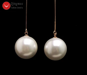 

Qingmos Rose-Gold Sterling Silver S925 Ear Line Dangle 4'' Earrings for Women & 18mm White Round Sea Shell Pearl Earring Jewelry